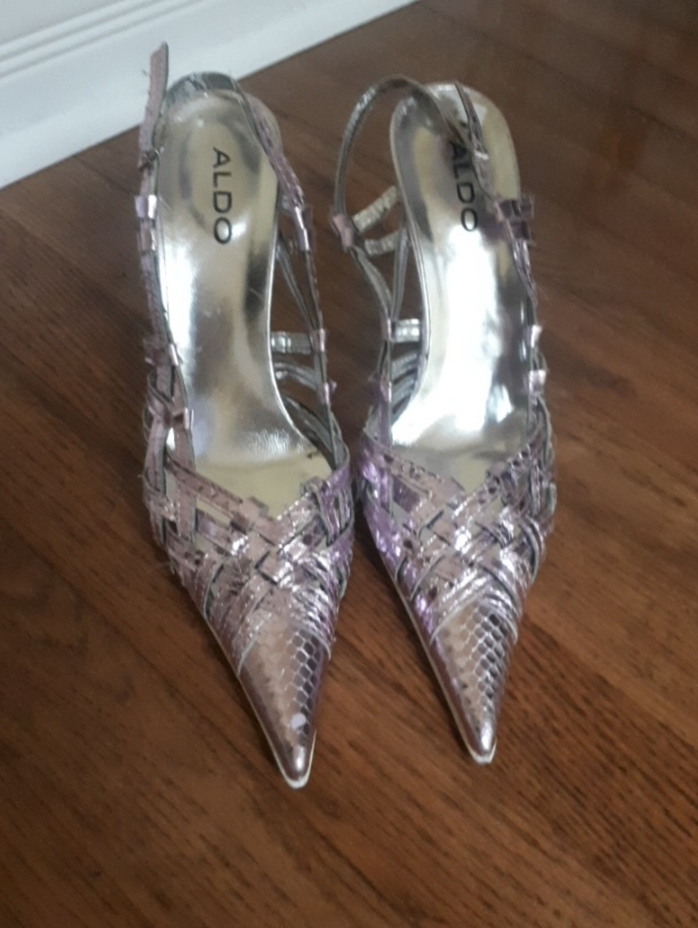 Vintage Aldo Metallic Pink Pointed-Toe Woven Slingback Heels